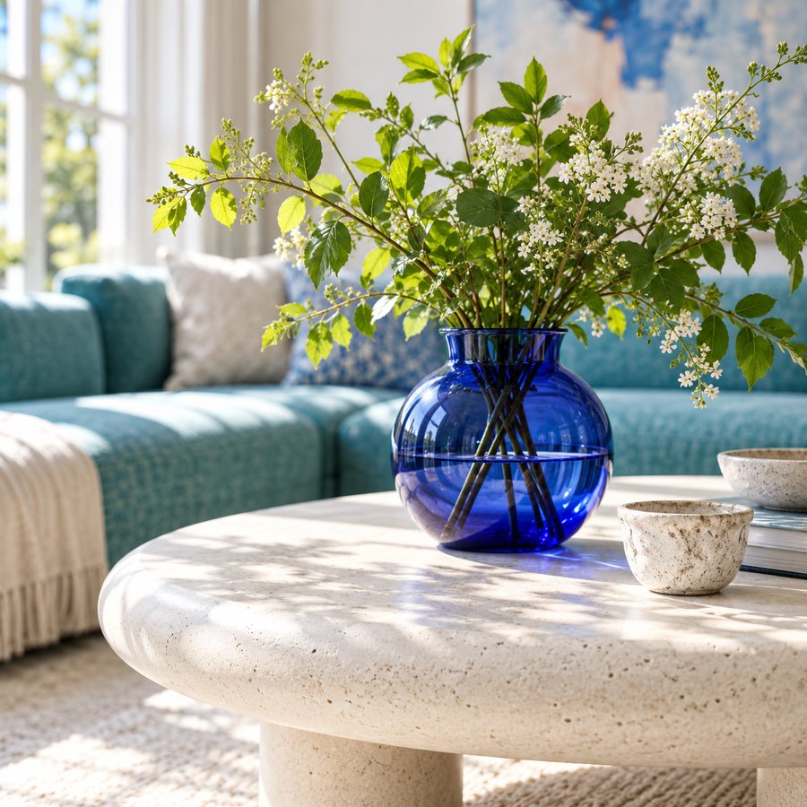 Cobalt glass vase, stone coffee table and woven details