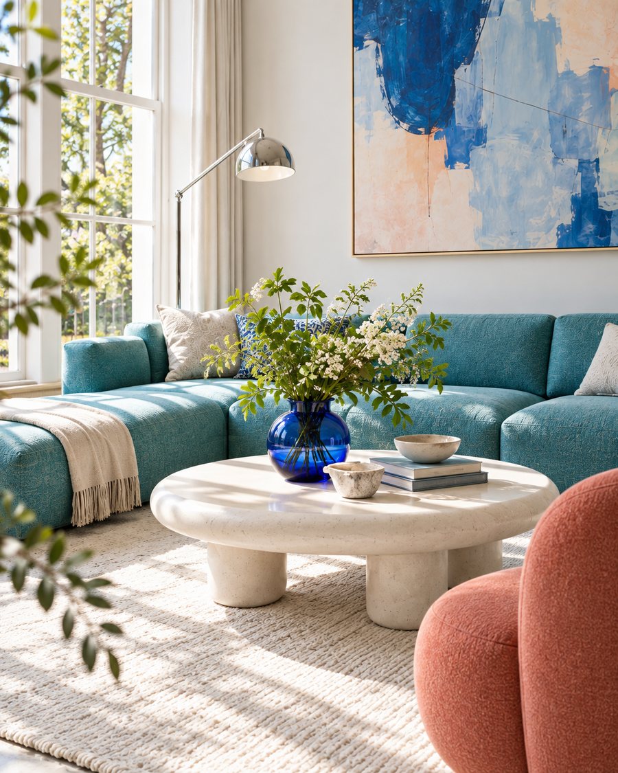 Turquoise seating group and coral armchair